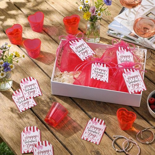Ferrochef 24 Set Galentine Day Gift Heart Shaped Shot Glasses Set 1.5 oz Plastic Drinking Cups with Galentine Greeting Cards for Valentines Friendship Women Party Favors(Fuchsia)