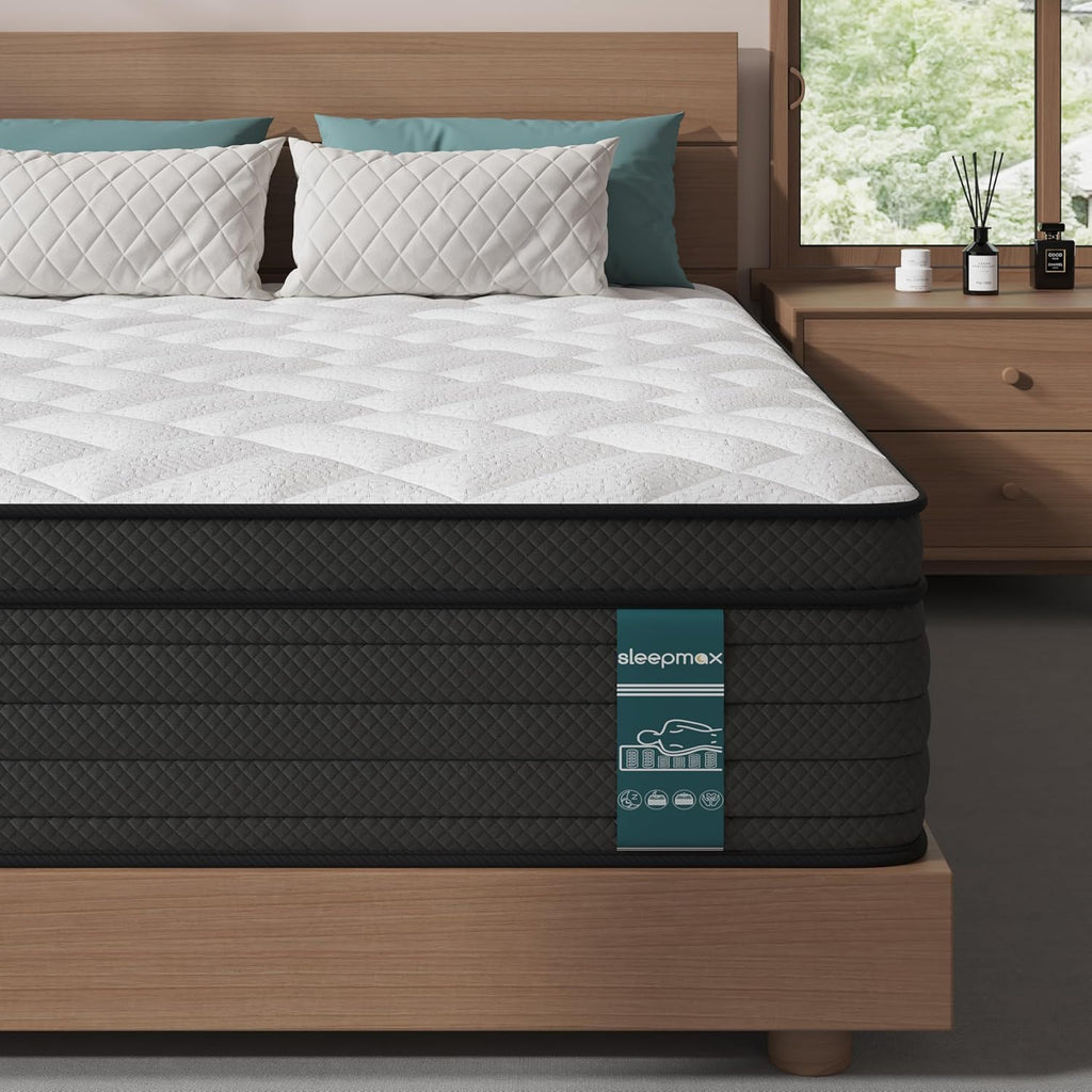 Sleepmax Extra Firm Queen Mattress - 12-Inch Deep Sleep Hybrid with Pressure Relief | Deluxe Cooling Design, CertiPUR-US Certified, 365-Night Trial
