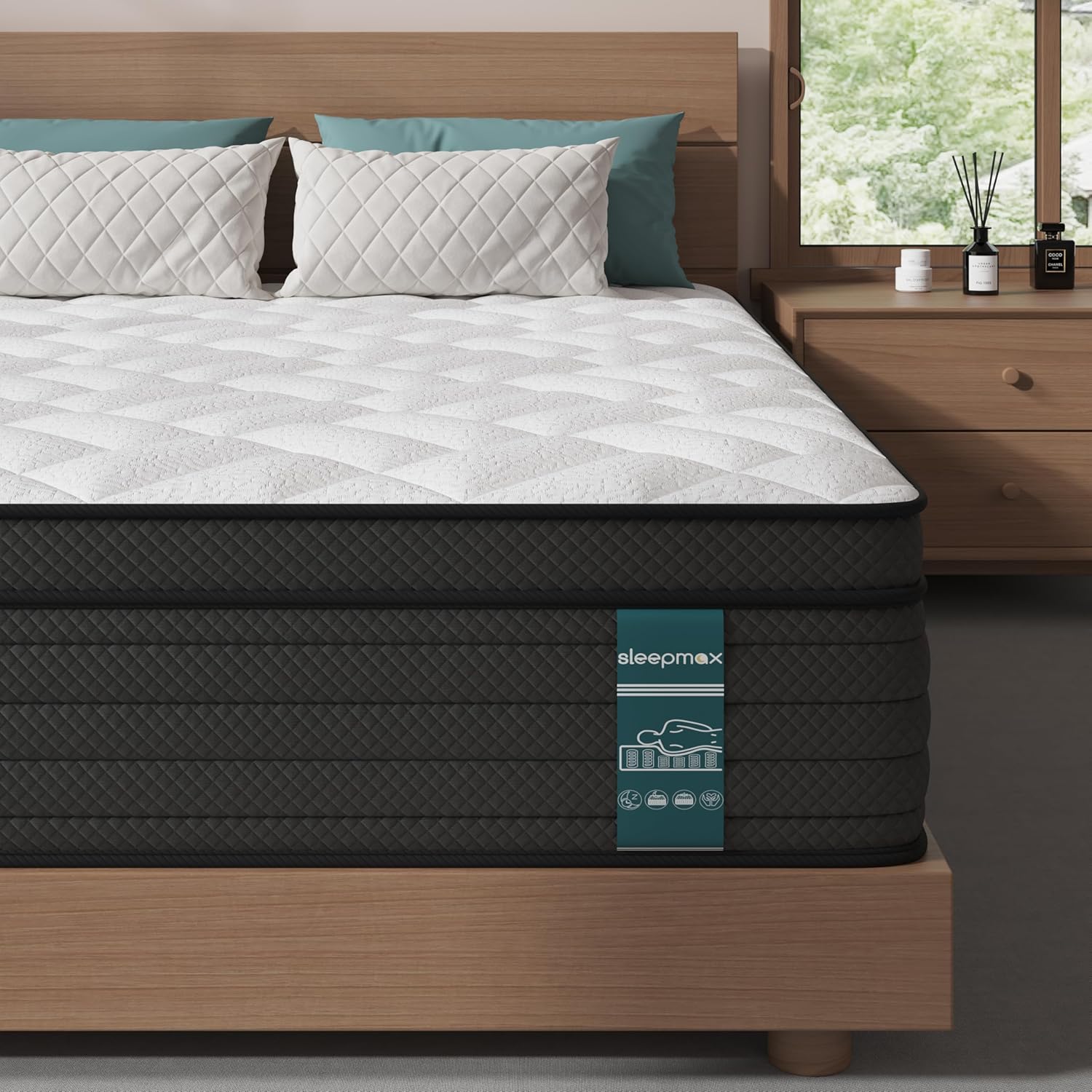 Sleepmax Extra Firm Queen Mattress - 12-Inch Deep Sleep Hybrid with Pressure Relief | Deluxe Cooling Design, CertiPUR-US Certified, 365-Night Trial