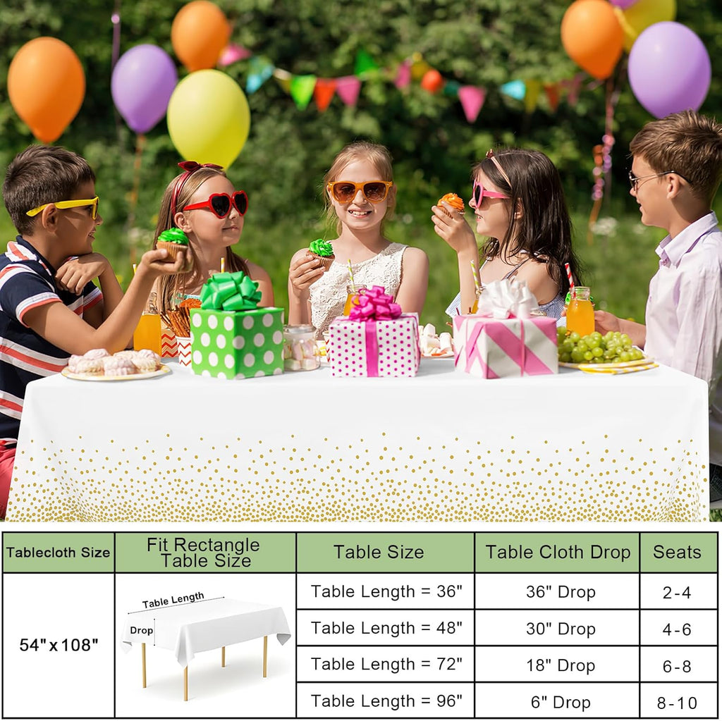Misaya Disposable Tablecloths - 3 Packs of Waterproof 54 x 108 Inch Gold Dots on White for Parties & Picnics
