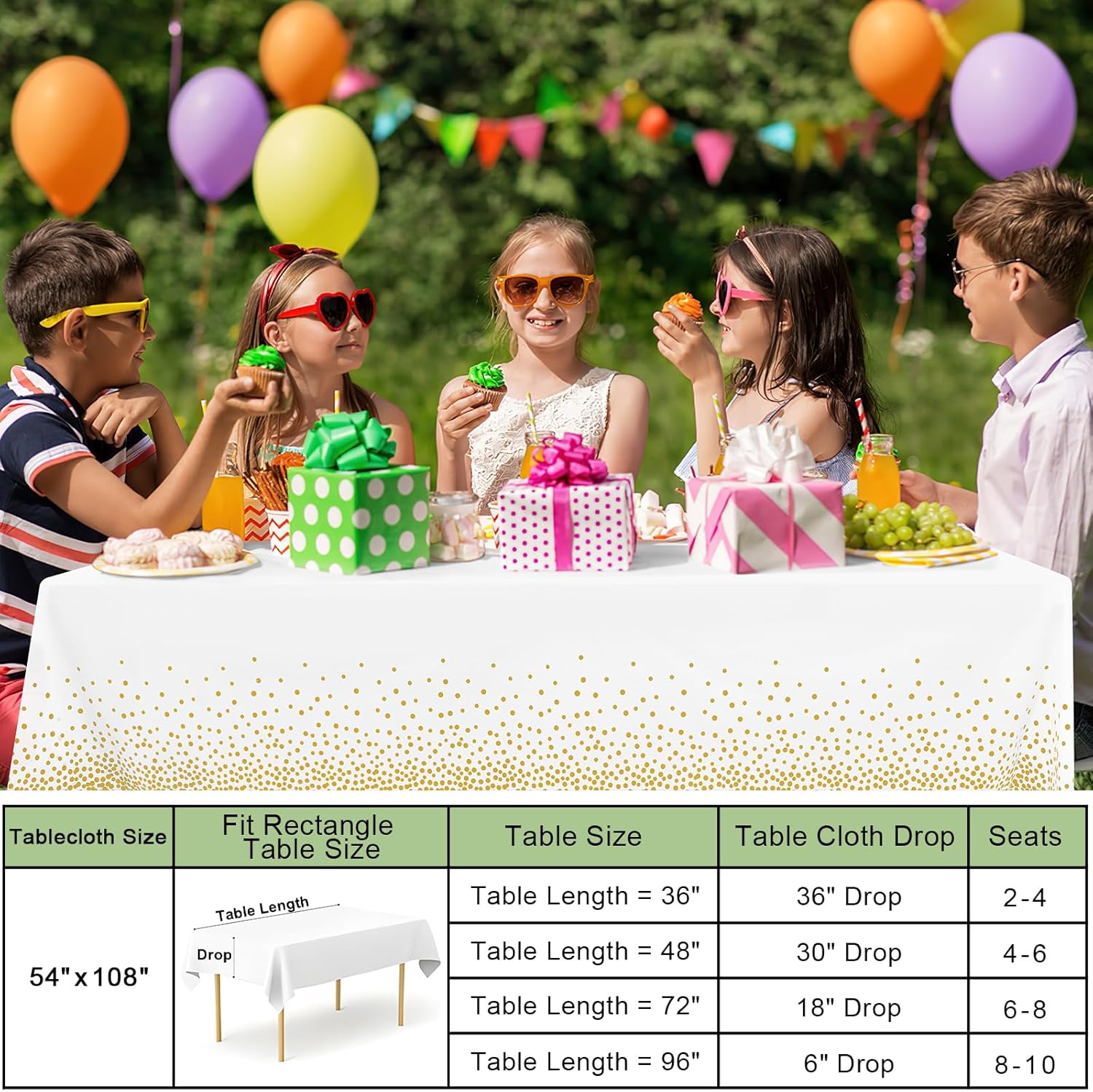 Misaya Disposable Tablecloths - 3 Packs of Waterproof 54 x 108 Inch Gold Dots on White for Parties & Picnics