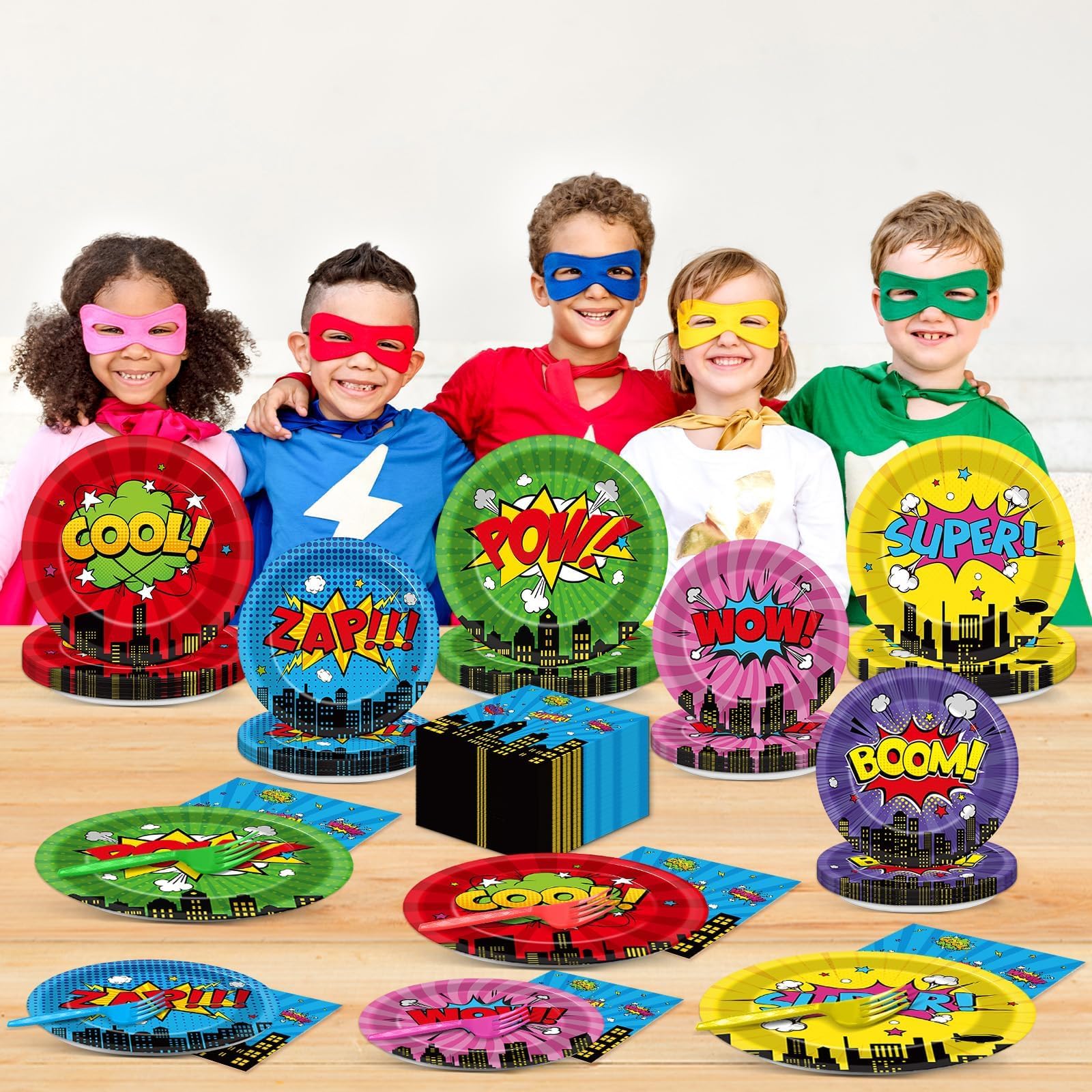 96Pcs Super Theme Hero Party Plates and Napkins Forks for Comic Heroes Birthday Decorations Hero's Action Sign Cityscape Buildings Tableware Set for 24 Guests Birthday Party Supplies Favors