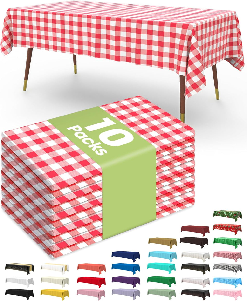 Pureegg Disposable Plastic Tablecloths - 10 Pack, 54 x 108 Inch Red & White Gingham for Parties & Picnics