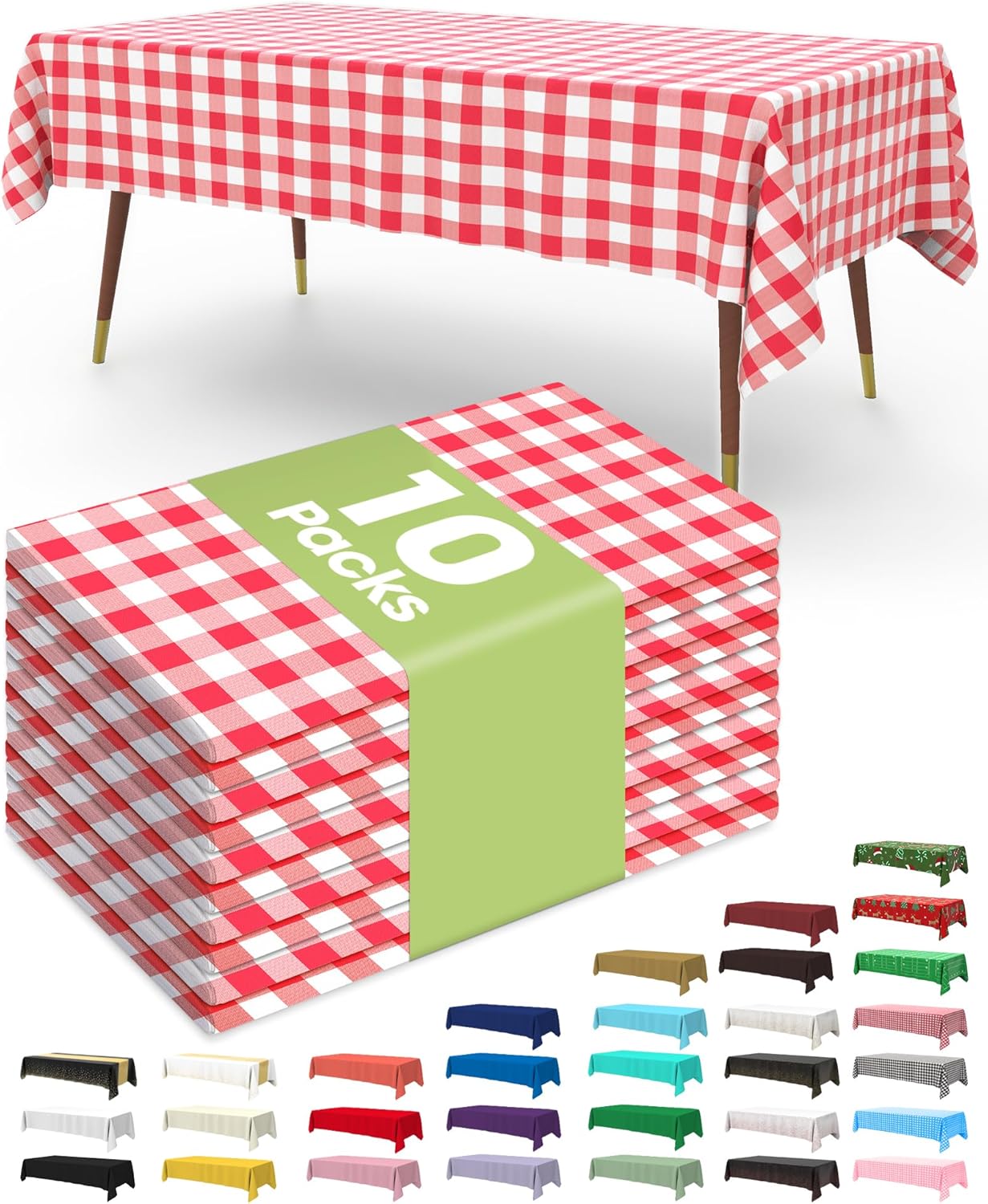 Pureegg Disposable Plastic Tablecloths - 10 Pack, 54 x 108 Inch Red & White Gingham for Parties & Picnics