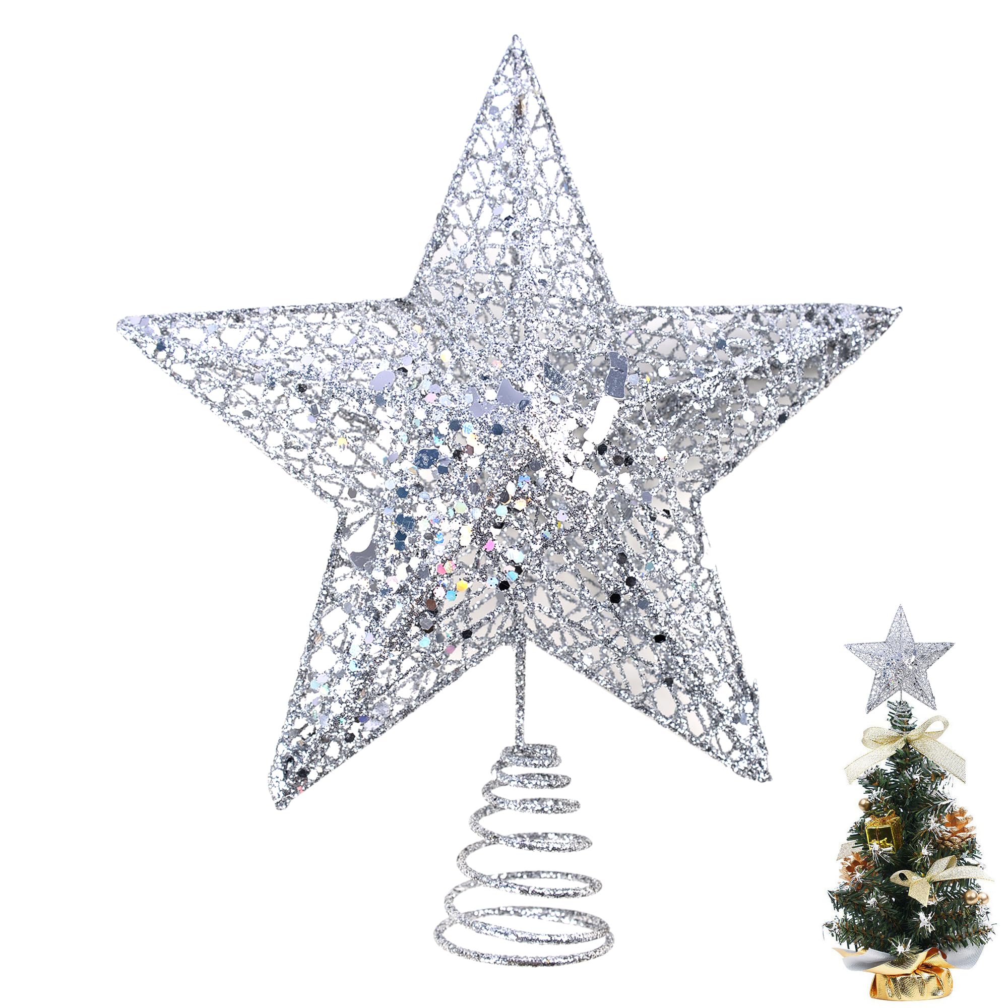 6 Inch Mini Silver Christmas Tree Star Christmas Tree Topper Small Star for Christmas Tree Metal Glitter Xmas Tree Topper for 3 4 ft Tree Pencil Christmas Trees Decorations