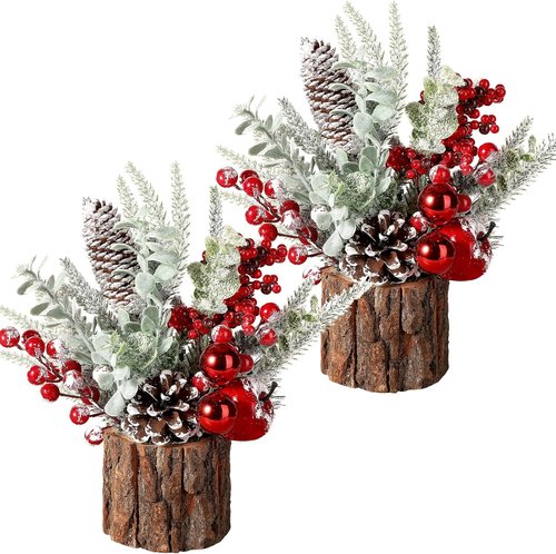 Hatisan Small Christmas Tree - Tabletop Artificial Pine Cone & Berry Decor | 2 Pack Red-Round for Holiday Cheer