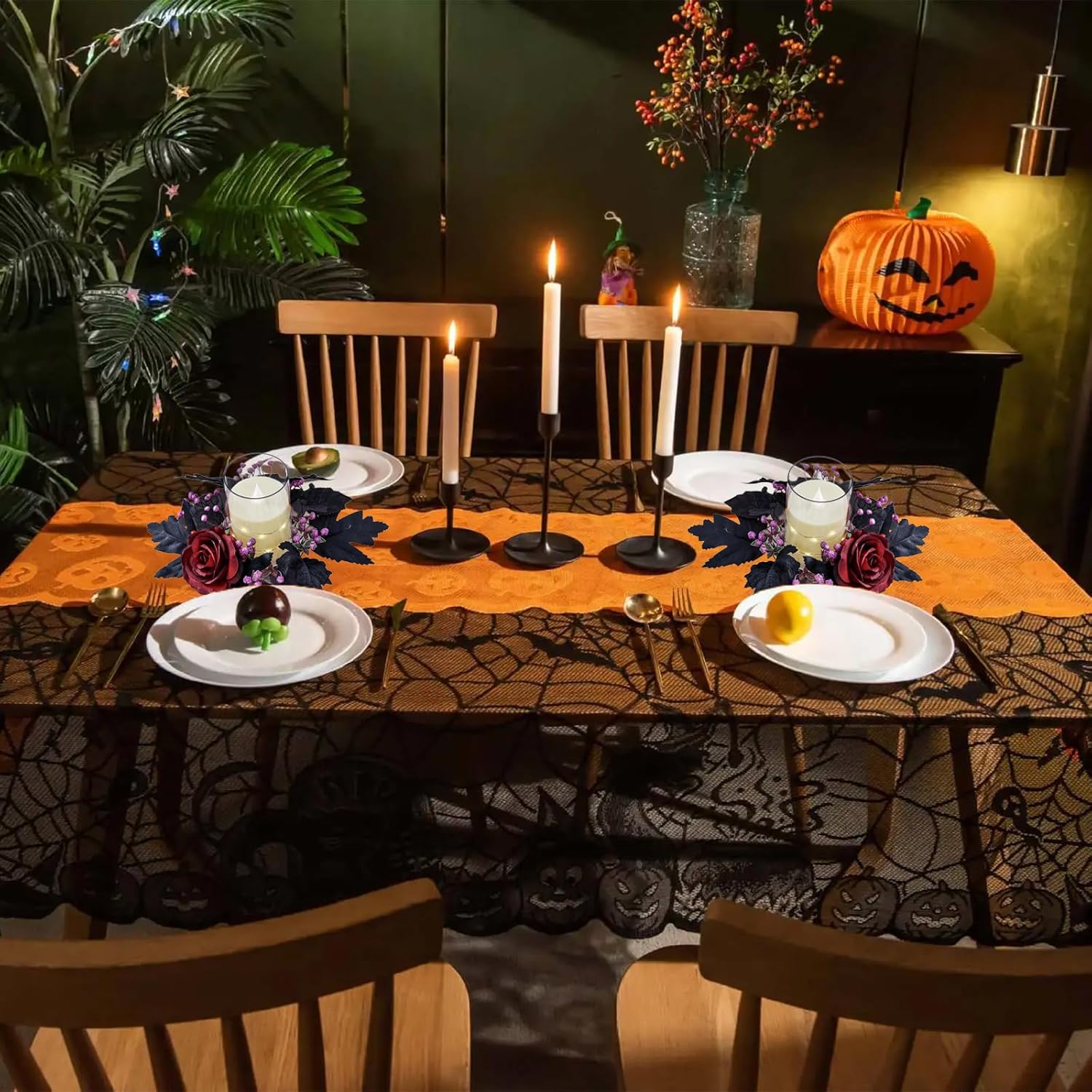 Regine Switzerland Halloween Candle Rings - Artificial Maple Leaf & Rose Flower Wreath | Festive Table Centerpiece Decor