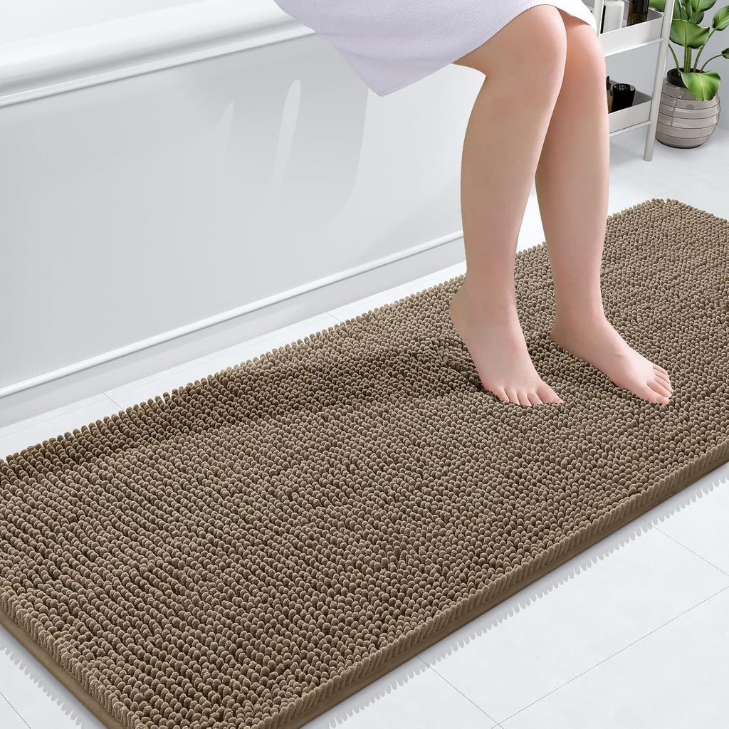 OLANLY Bathroom Runner Rugs - Extra Soft Chenille Bath Mats | Quick Dry, Machine Washable, 59x24, Tan