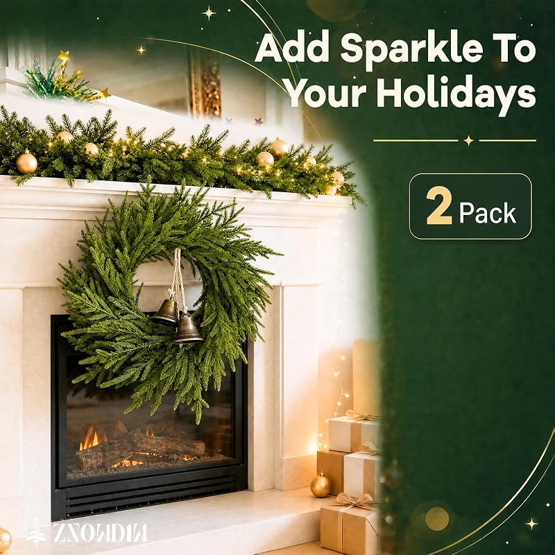 Decorated 2PACK 24-Inch Norfolk Pine Wreaths with Bells for Front Doors