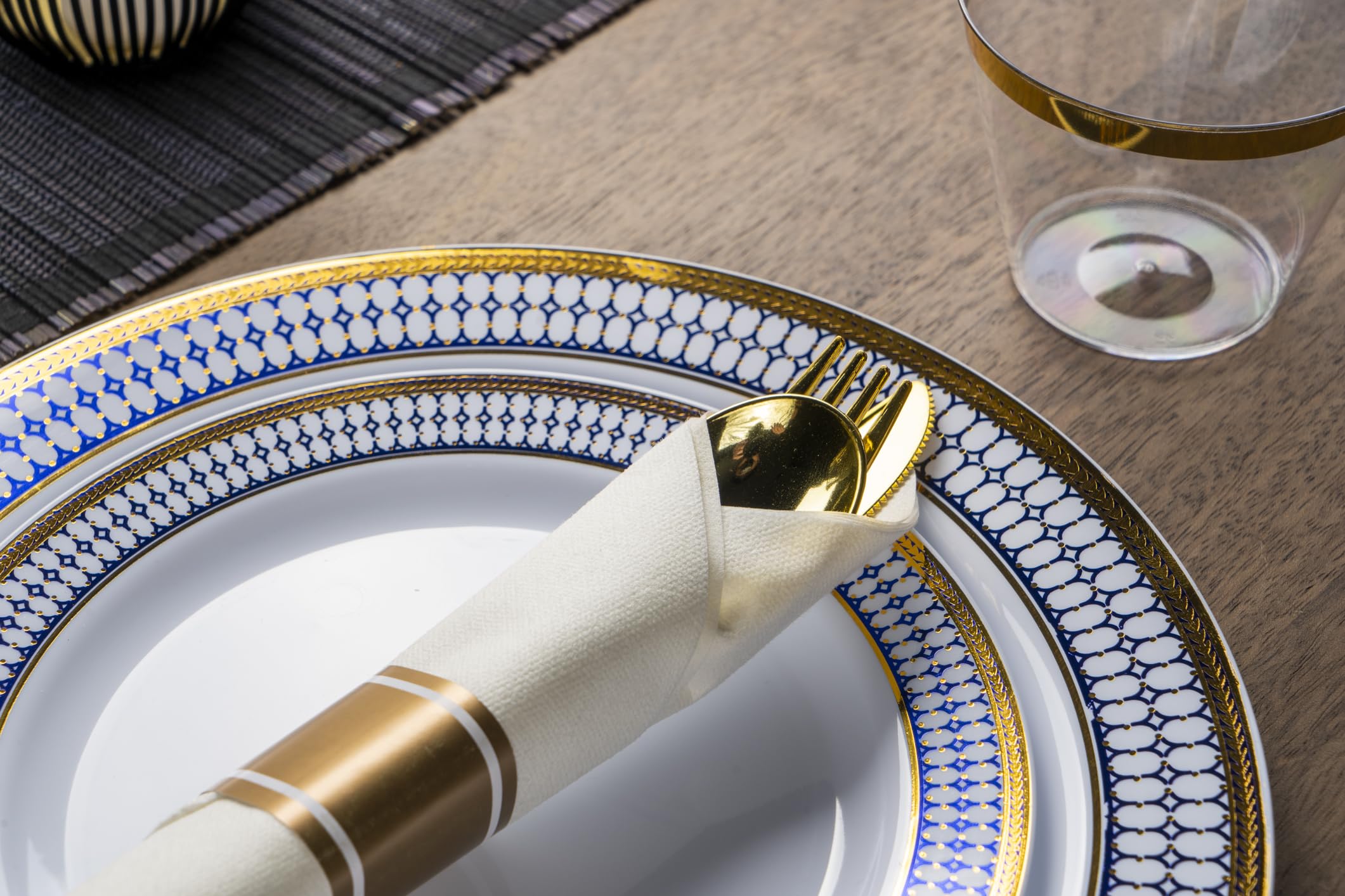MONEST 350Pcs Blue and Gold Plastic Silverware Set for 50 Guests, Disposable Dinnerware Set includes: 50 Pre Rolled Napkins with Utensils, 50 Dinner Plates, 50 Dessert Plates, 50 Cups (Royal Sapphire)