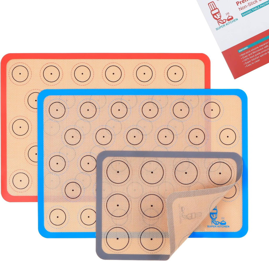 Silicone Baking Mat Macaron - Non-Stick Set of 3 Half & Quarter Sheet Liners | Red, Blue, Gray