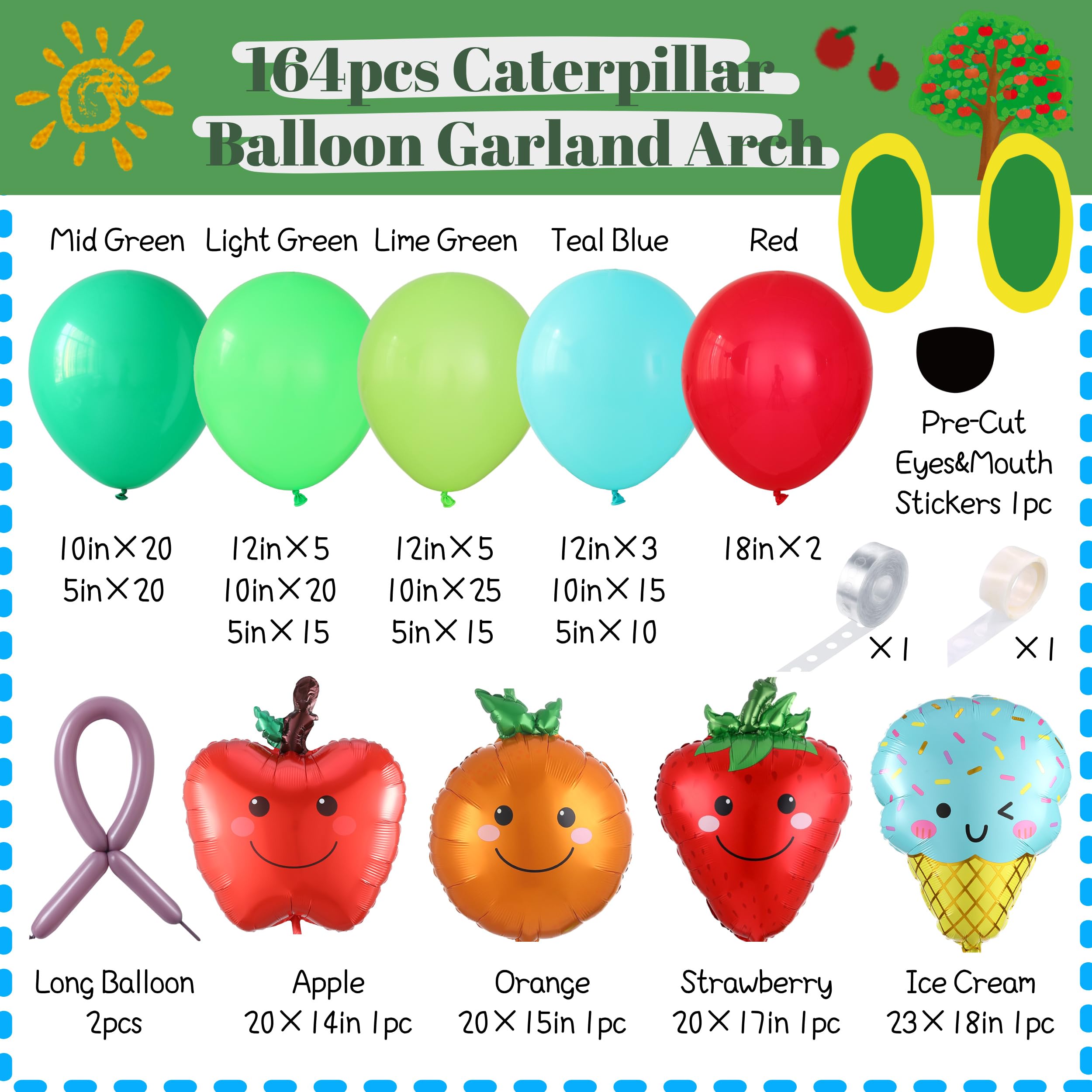 Hungry One Caterpillar Balloon Garland Kit, 164pcs Green Caterpillar Shaped Balloons with Fruit Foil Balloons for First Birthday Decorations Picture Book Story Theme Party Summer Baby Shower Supplies
