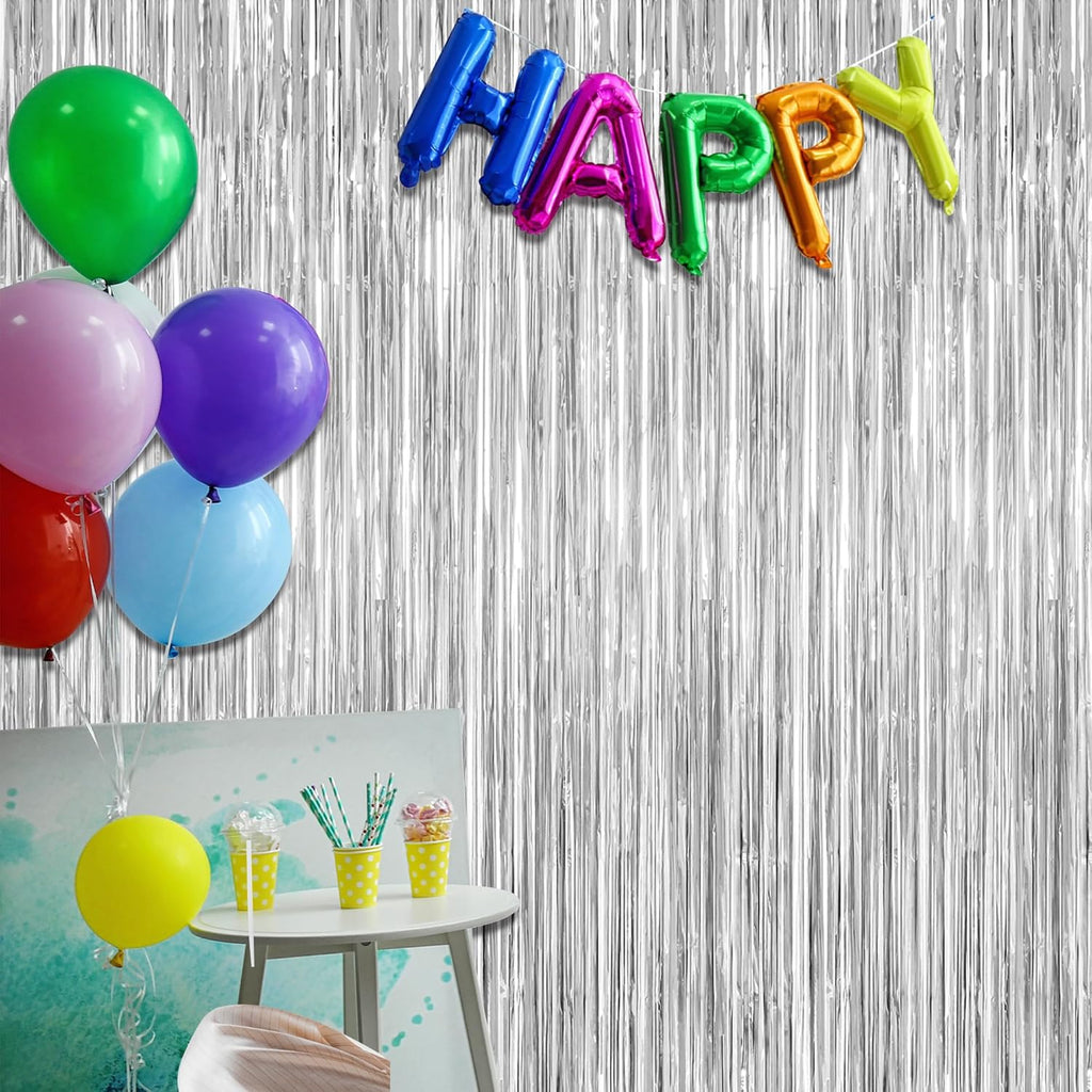 Metallic Silver Fringe Backdrop by [Brand Name] - 12 Pack Tinsel Curtains for Birthday & Disco Party Decor | 3.28 FT x 7.05 FT