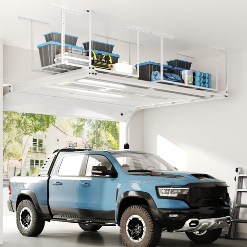 FLEXIMOUNTS Overhead Garage Storage Rack - Adjustable Ceiling System | 72" x 36" x 40", 900lbs Capacity, White