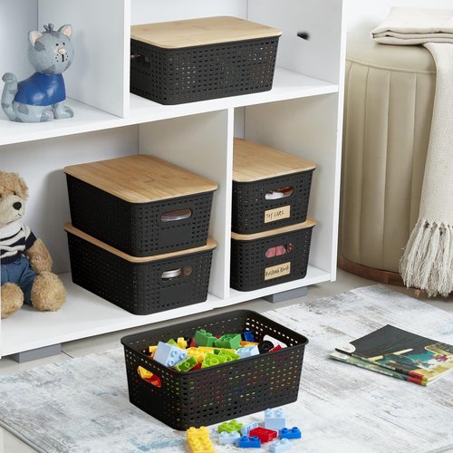 Bagnizer Small Plastic Storage Bins - Stackable Decorative Containers with Bamboo Lids | 5.2qt, Black, Set of 6