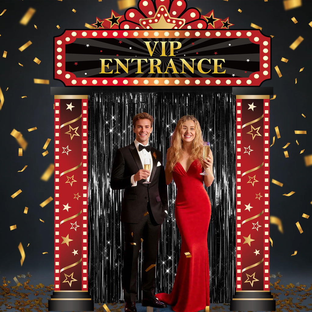 5 Pcs Casino Movie Night Porch Sign Banner with Black Foil Fringe Backdrop Casino Theme Party Decorations VIP Door Entrance Banner Red Carpet Party Decor Movie Theme Theater Birthday Party Supplies