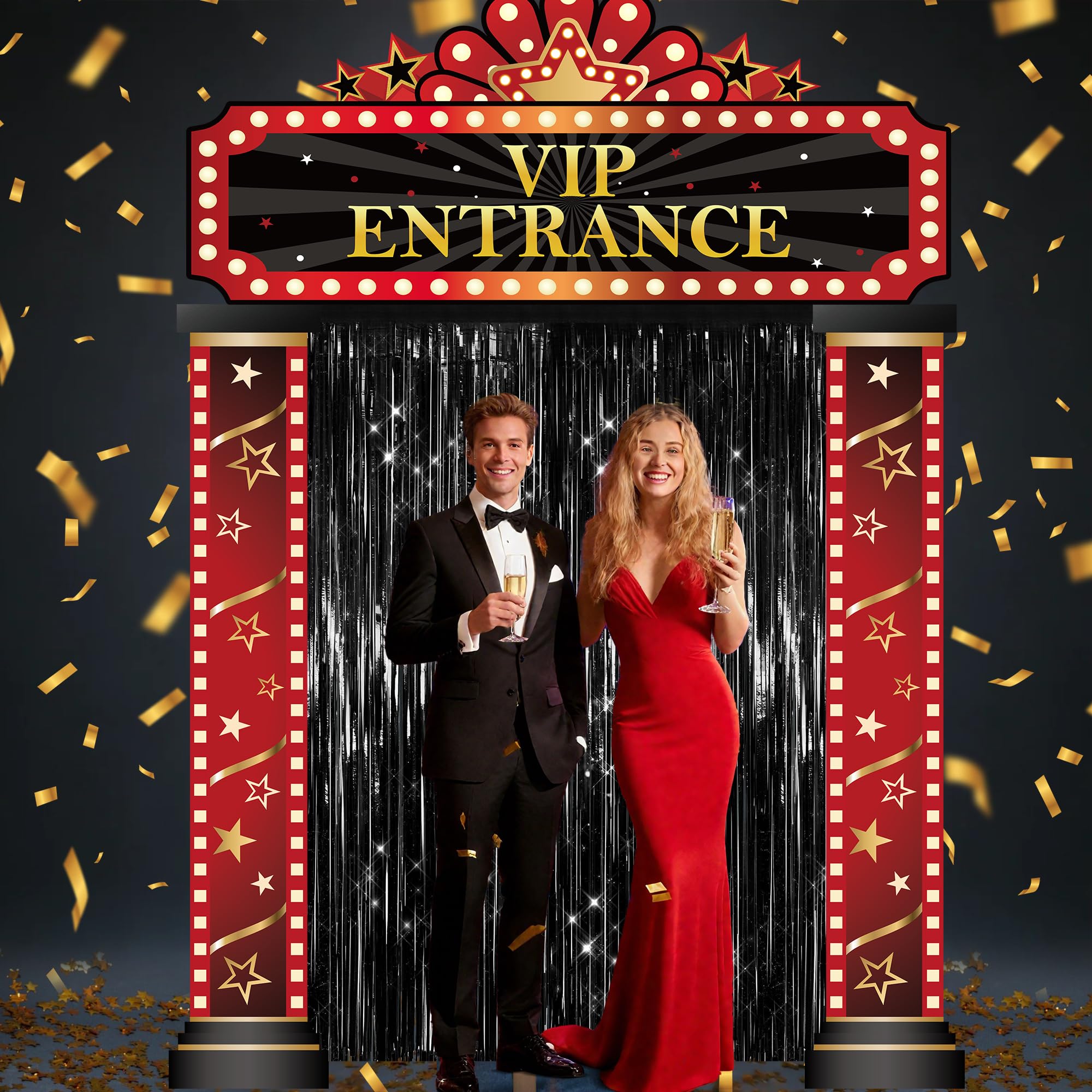 5 Pcs Casino Movie Night Porch Sign Banner with Black Foil Fringe Backdrop Casino Theme Party Decorations VIP Door Entrance Banner Red Carpet Party Decor Movie Theme Theater Birthday Party Supplies
