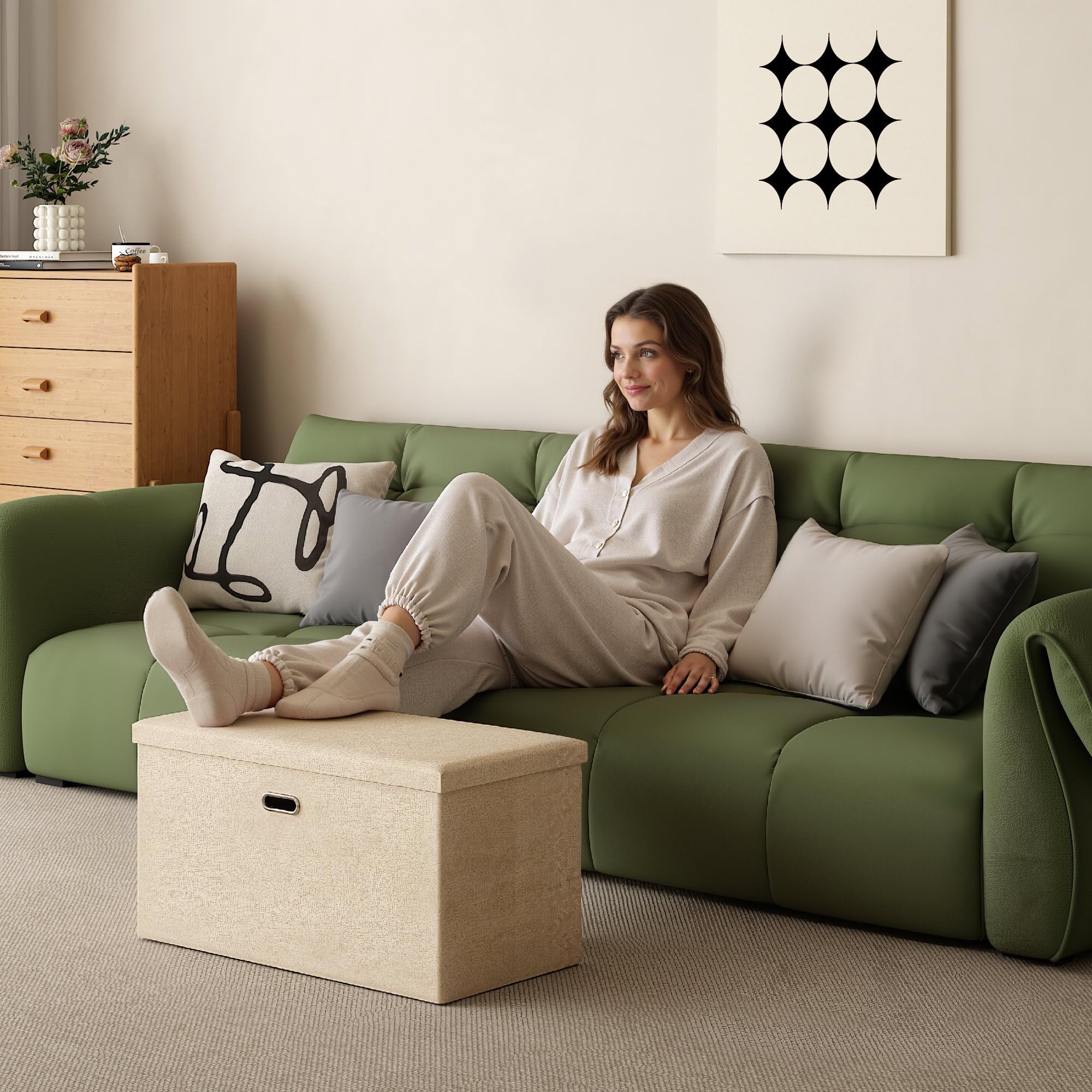 VECELO 30'' Folding Storage Ottoman Bench, End of Bed Linen Fabric Foot Rest Stool with Padded Seat, Large Footstools for Bedroom, Living Room, Load 500 lb, Khaki