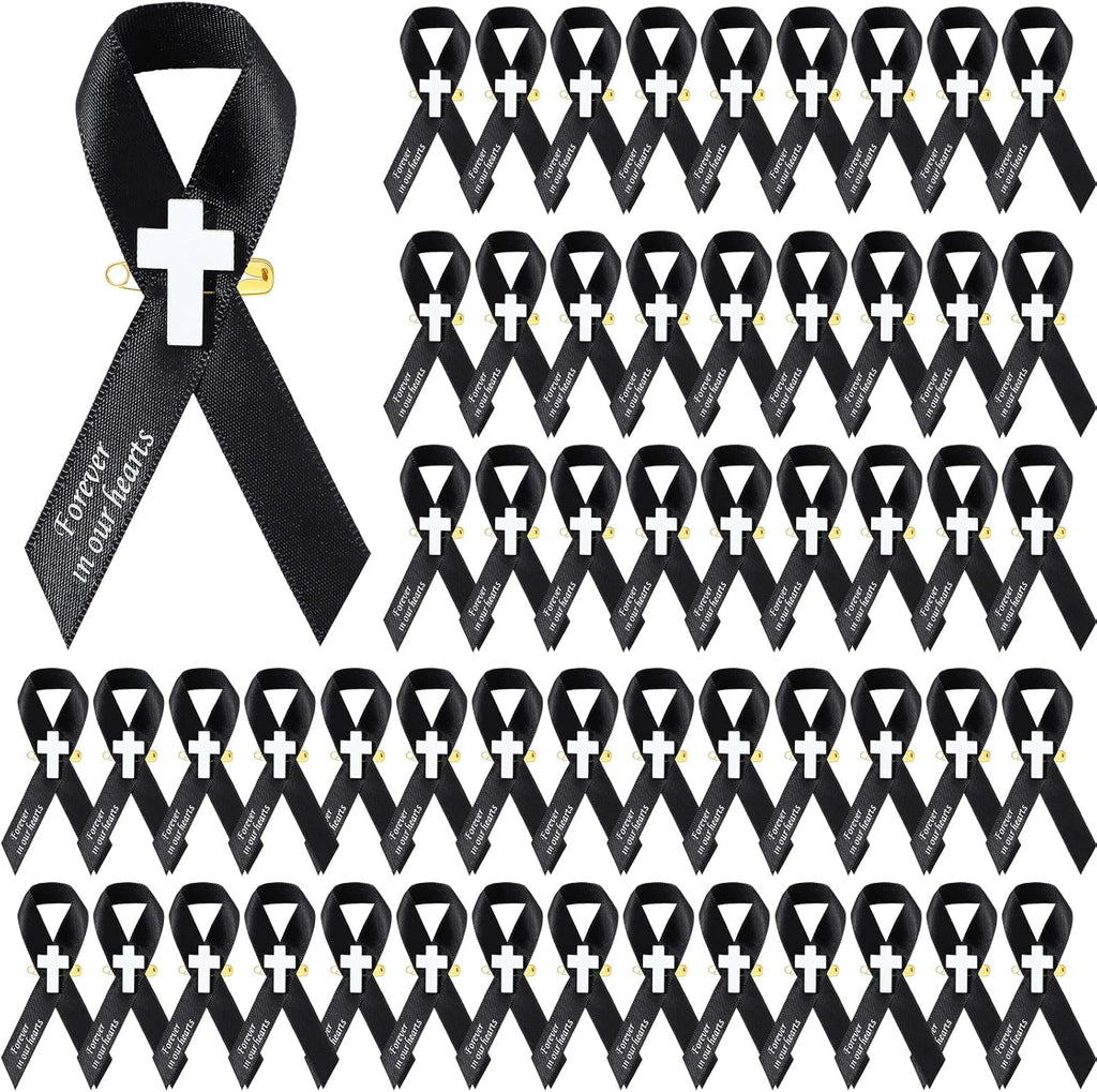 Regine Switzerland 50 Pcs Memorial Funeral Ribbons - Cross Pins for Mourning Events | Black