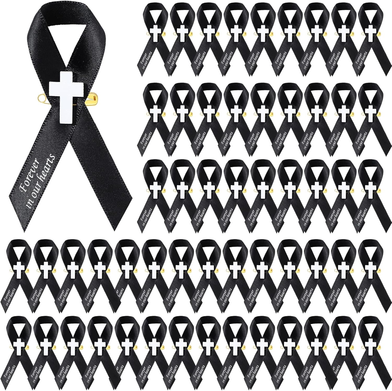 Regine Switzerland 50 Pcs Memorial Funeral Ribbons - Cross Pins for Mourning Events | Black