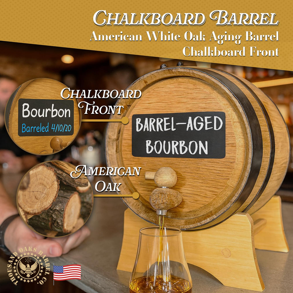 1 Liter Whiskey Barrel Dispenser with Chalkboard Front - Oak Barrels for Aging Whiskey, Cocktails, Tequila - Bourbon Barrel Home Bar Decor - Charred 1L Mini Whiskey Barrels