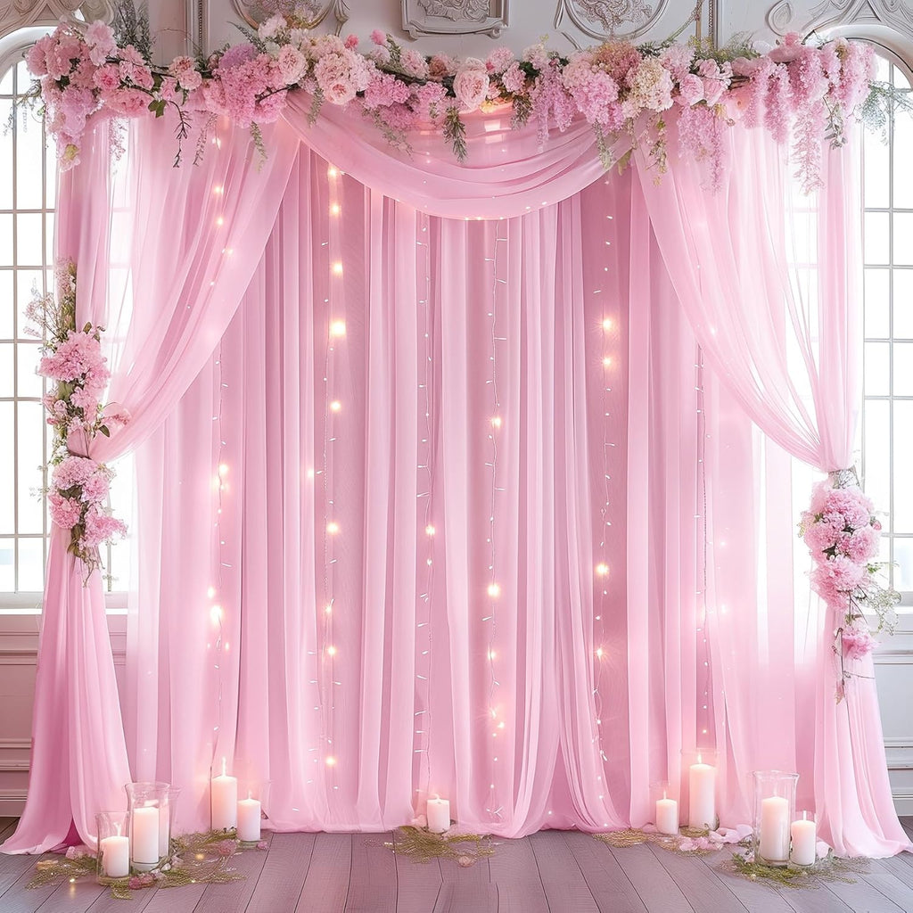 Skiennix 10ft x 10ft Pink Backdrop Curtain - Sheer Tulle with String Lights for Weddings & Parties