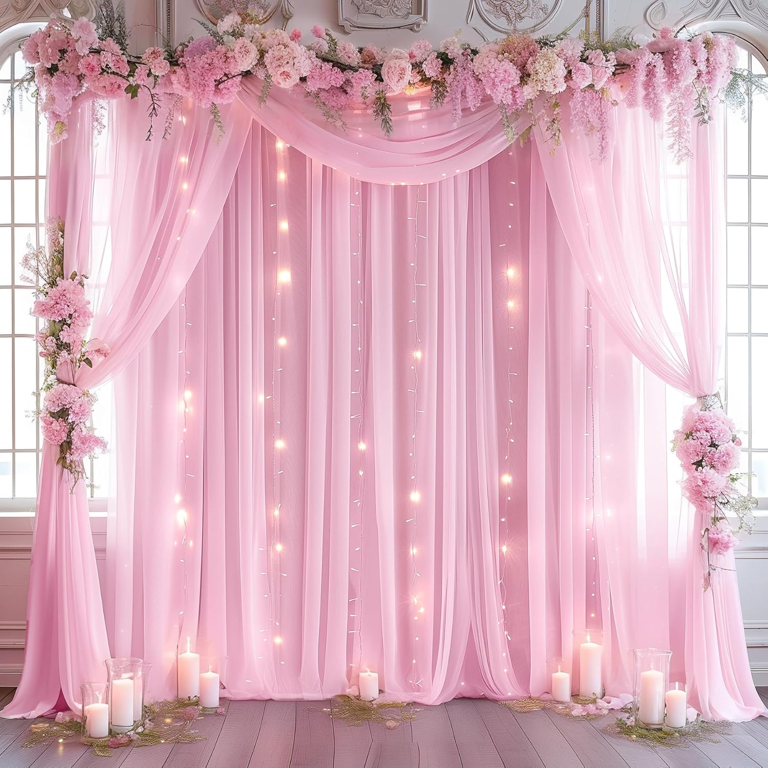 Skiennix 10ft x 10ft Pink Backdrop Curtain - Sheer Tulle with String Lights for Weddings & Parties