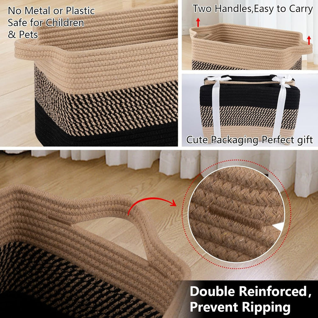 OIAHOMY Woven Storage Baskets - Cotton Rope Baskets for Toys & Towels | Pack of 3, Black & Brown