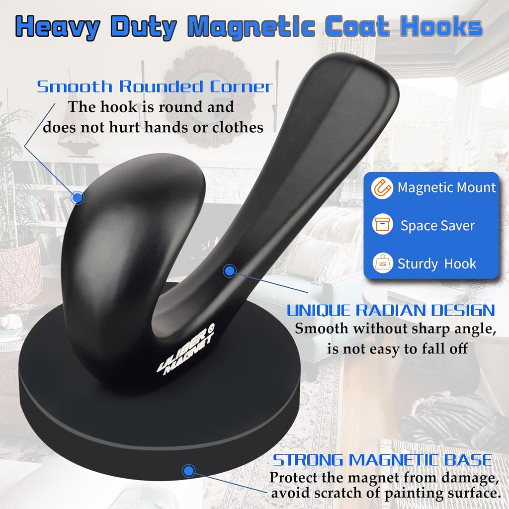 ULIBERMAGNET Strong Magnetic Coat Hooks - Heavy Duty Double Hooks for Coats, Towels & Keys | 2 Pack (Black)