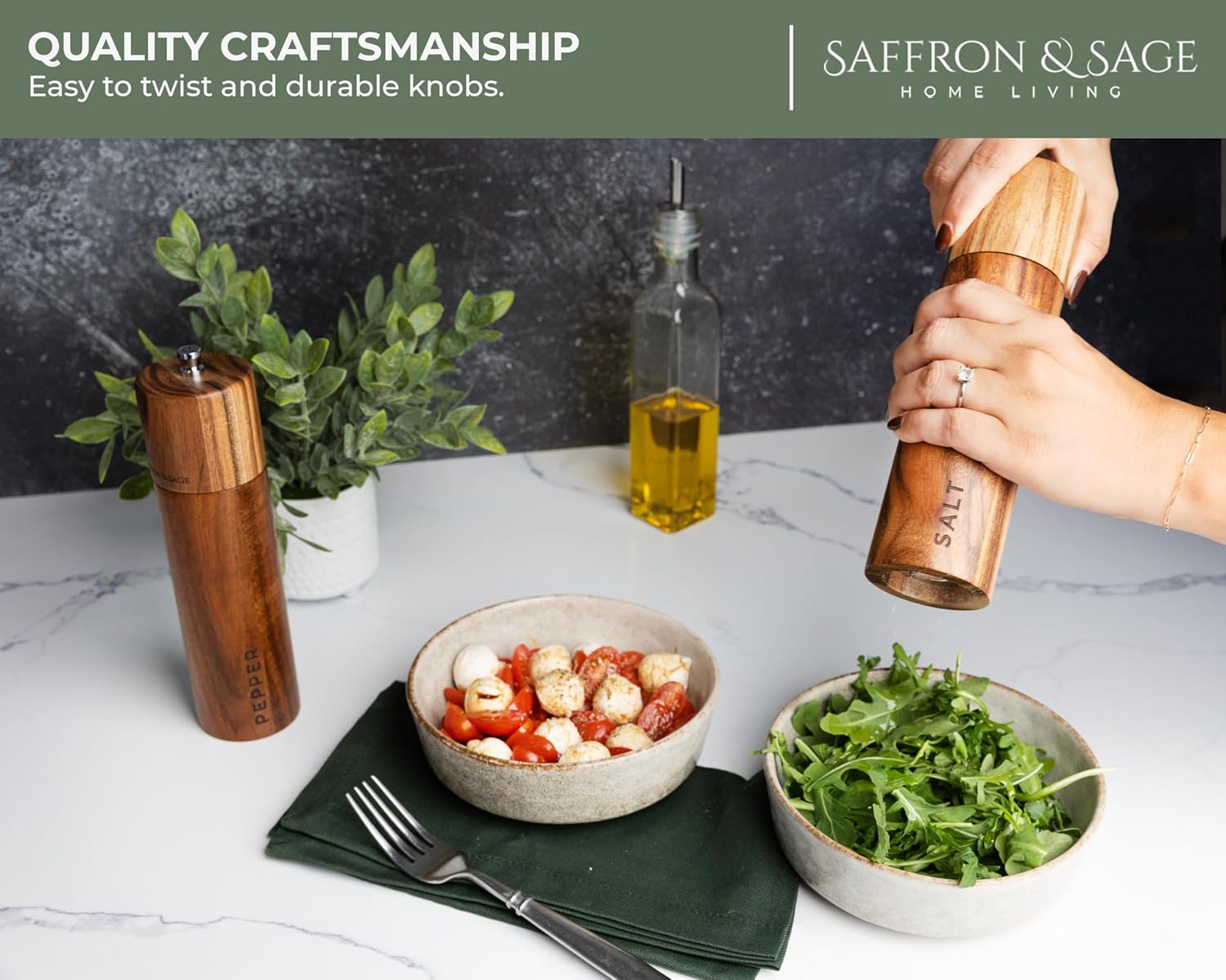 Saffron & Sage Acacia Wood Salt and Pepper Grinder Set | 8” Tall, Adjustable Coarse Settings, Rust Resistant
