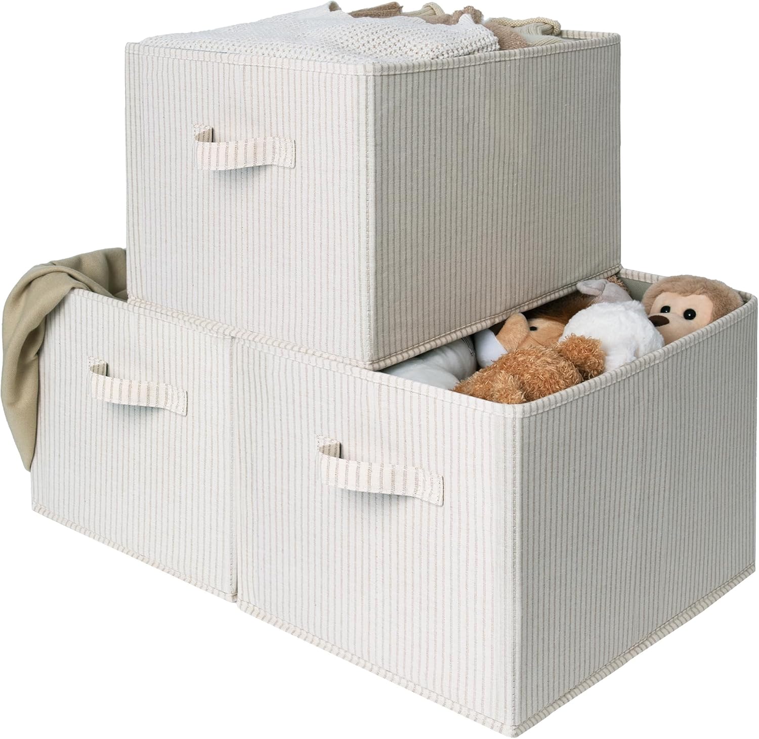 StorageWorks Foldable Shelf Organizer Bins - Extra Large Beige Striped Closet Storage Baskets | 3-Pack for Efficient Organization