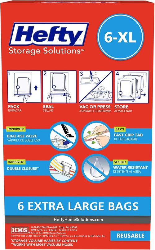 Hefty Shrink-Pak | Extra Large Vacuum Seal Storage Bags - Space Saver for Clothing & Blankets (6 Pack)