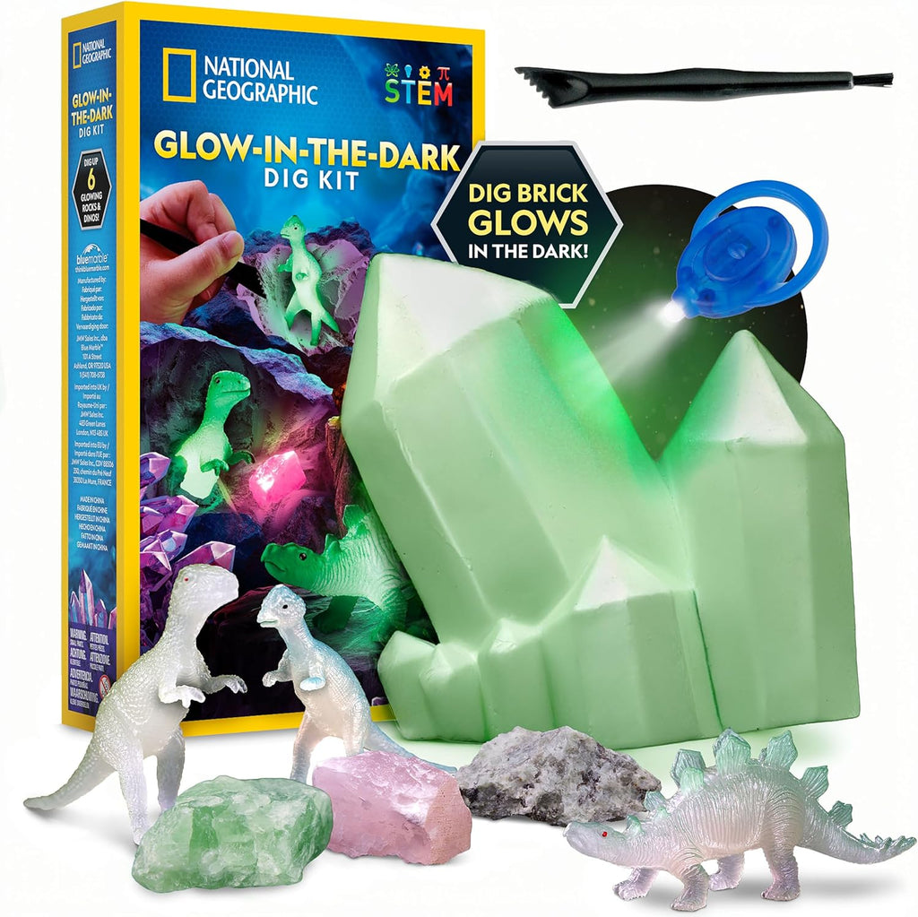 National Geographic Glow In The Dark Dig Kit - Excavate 6 Glowing Rocks & Dinosaurs | STEM Science Kit for Kids