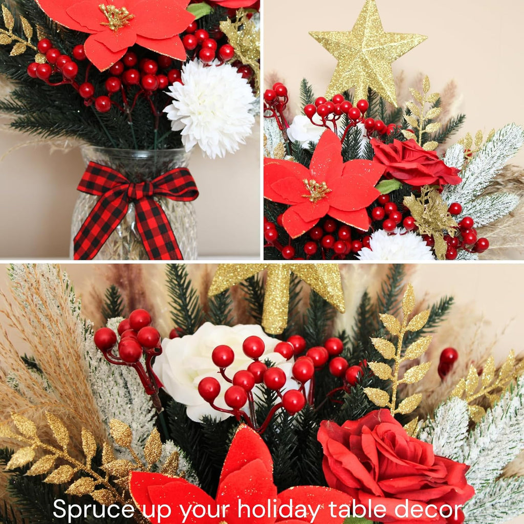 RyddeligHome Christmas Centerpieces - 100pcs Holiday Floral Arrangements in Vase | Red Poinsettia & Pine
