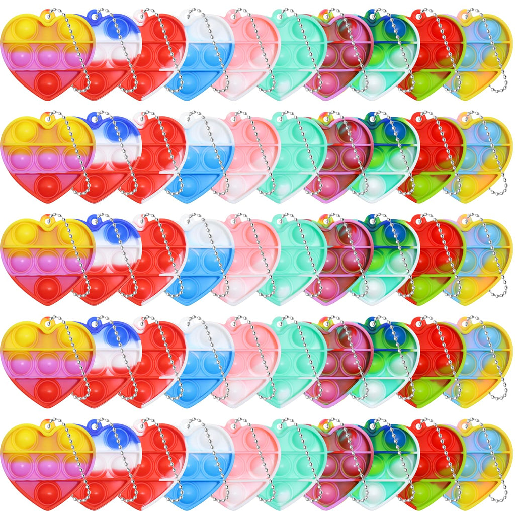 EFZXIB Valentine’s Day Heart Mini Pop Keychains 50 Pack –10 Colors with 5 Each Mini Heart-Shaped Bubble Fidget Keychain Stress Relief Sensory Toy Party Favors for Kids, Classroom Gifts