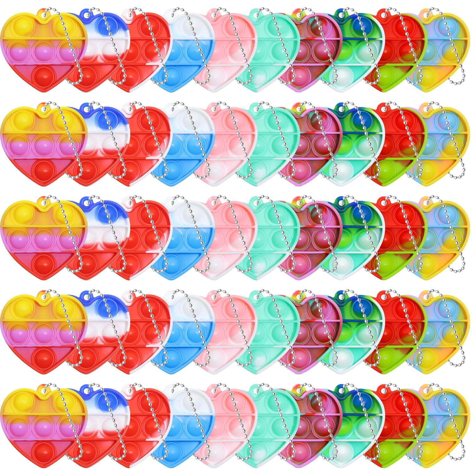EFZXIB Valentine’s Day Heart Mini Pop Keychains 50 Pack –10 Colors with 5 Each Mini Heart-Shaped Bubble Fidget Keychain Stress Relief Sensory Toy Party Favors for Kids, Classroom Gifts