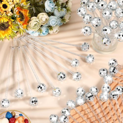 Thyle 120 Pcs Disco Ball Drink Stirrers 7.7'' Glitter Lolipop Stick Plastic Round Top Swizzle Stick Mirror Ball Cocktail Stir Disposable for Last Disco Bachelorette New Year Eve(Glitter Style)