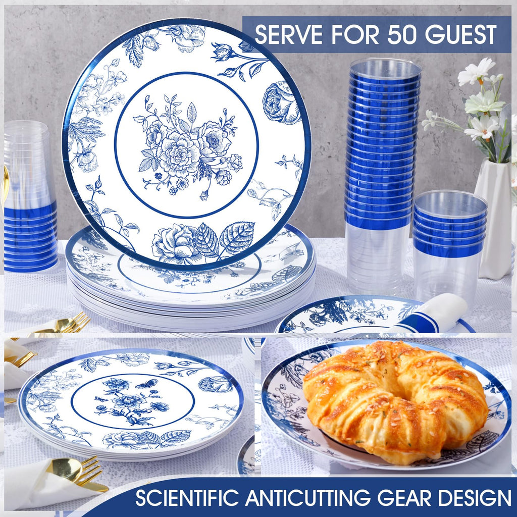 Suttmin 350 Pcs Plastic Dinnerware Set for 50 Guests Include 50 Dinner Plates, 50 Dessert Plates, 50 Pre Rolled Napkins with Gold Silverware, 50 Cups for Party(Blue and White Porcelain)