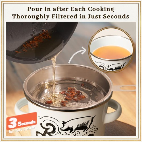 Ayerphalo Bacon Grease Container with Strainer - 46OZ Large Capacity, With Silicone Wooden Spatula, Enamel Bacon Grease Keeper for Bacon Drippings, Farmhouse Kitchen Decor, Dishwasher Safe