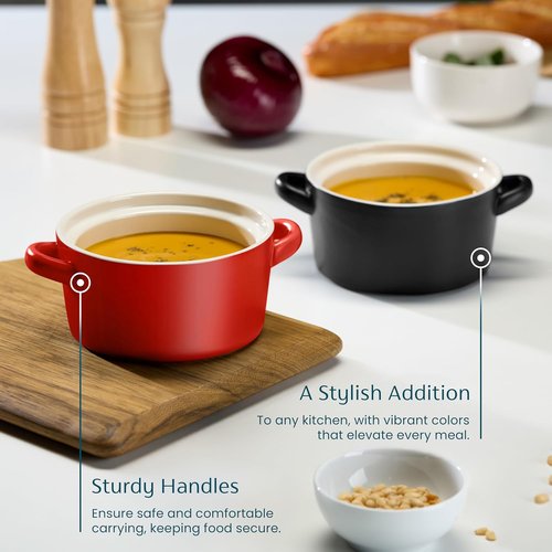 Kook Soup Crocks - Stackable Ceramic Bowls | Oven, Microwave & Dishwasher Safe - 18 oz, Set of 4 (Matte Red)