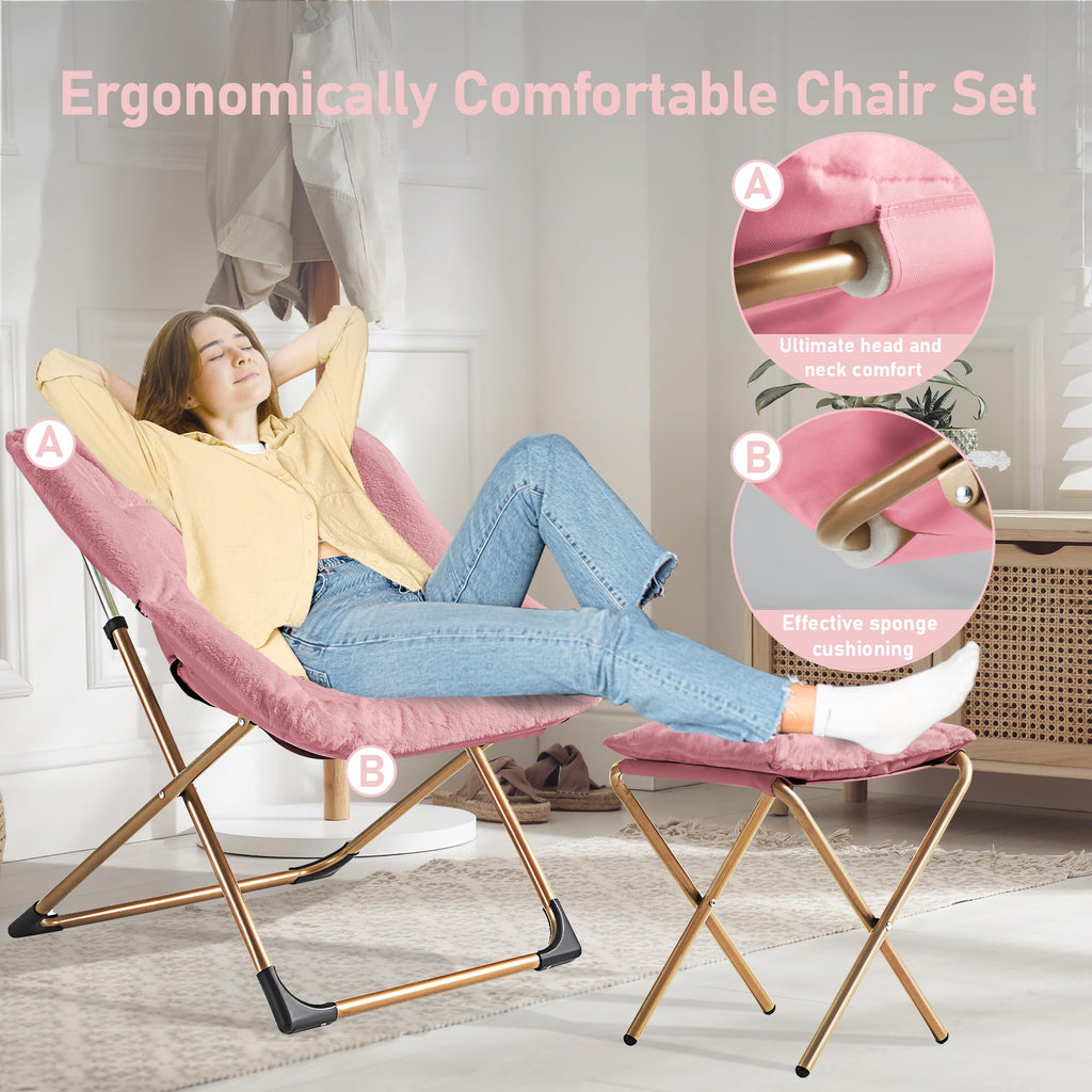 Youtanic Comfy Oversized Saucer Chair with Ottoman,Soft Faux Fur Reading Lounge Chair for Adults,Stable X-Large Metal Frame and Non-Slip Pad,Cozy Chair for Bedroom, Living Room, Dorm, Office, Pink