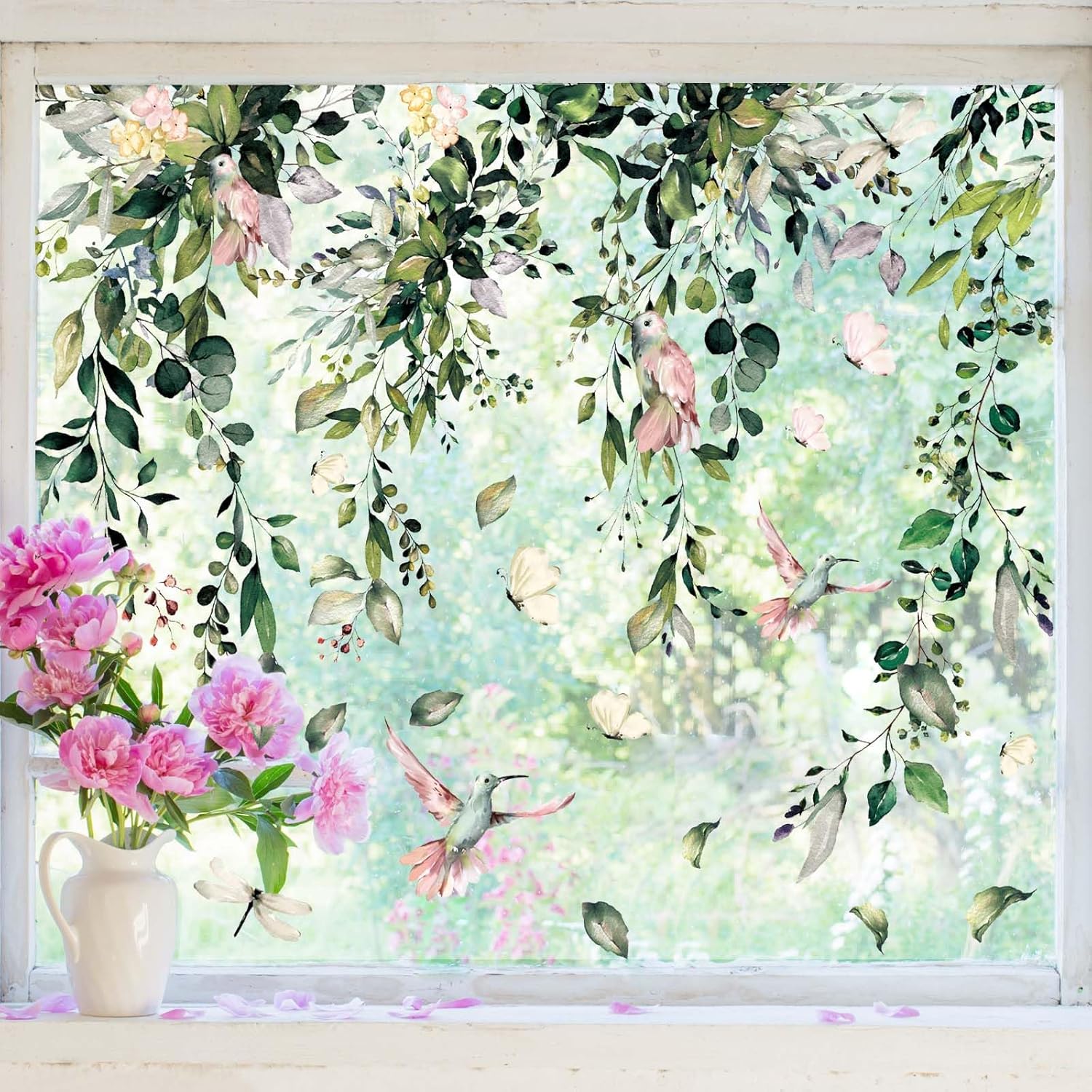 Whaline Window Cling Stickers - Reusable Eucalyptus Floral Decals for Home Decor | 9 Sheets