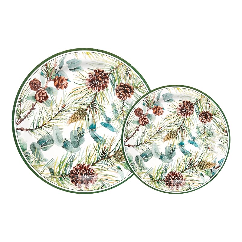 Pine Cones Christmas Dinner & Dessert Plates 48ct - Eucalyptus, Winter Greenery 7in & 9in (Variation: Pine Cones)