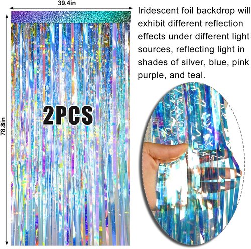 Iridescent Foil Fringe Curtain by [Brand Name] - Neon Holographic Tinsel Backdrop for Parties | 2 Packs