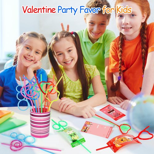 WEMEMORN 32 Pack Valentine's Day Cards for Kids with Crazy Loop Straws Bulk Toys, 8 Styles Valentines Greeting Cards for Boys Girls, Valentine's Prizes Party Favor School Classroom Gifts Exchange