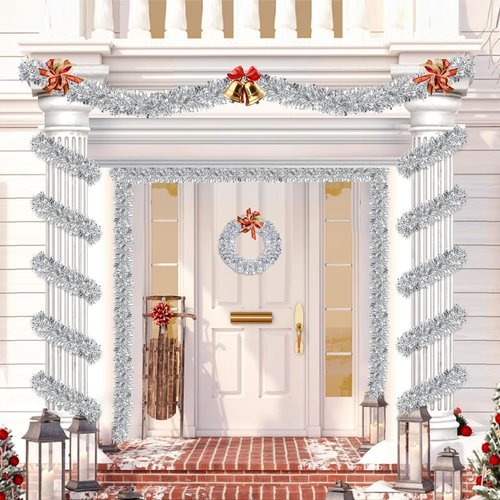 50 Feet Silver Metallic Twist Shiny Garland for Christmas Tree Decorations, Xmas Hanging Decor for Home Mantle Indoor Outdoor Holiday Party Supplies