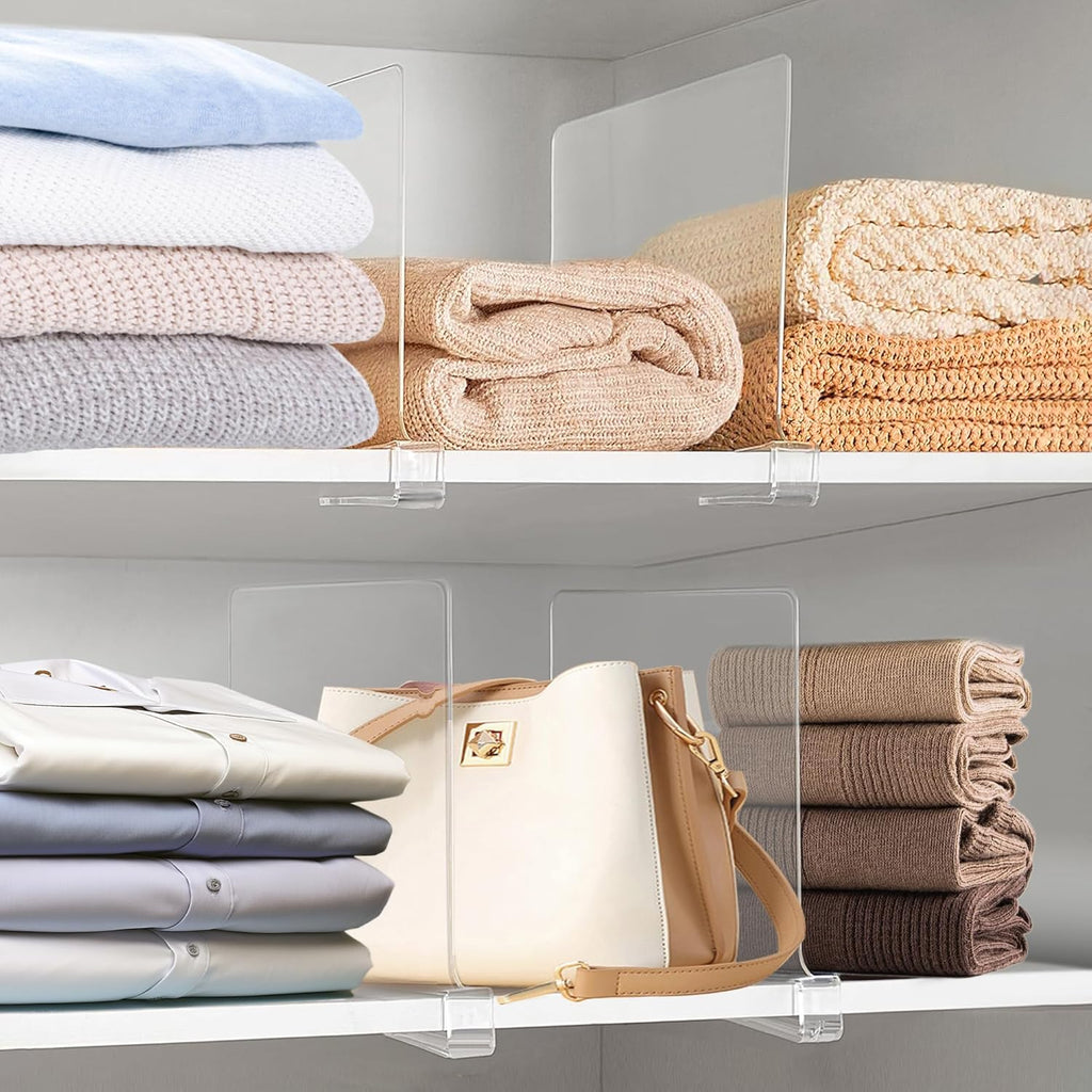 Skiennix 12-Inch Clear Shelf Dividers - Extra Tall Closet Organizers | 6-Pack Acrylic Purse Storage