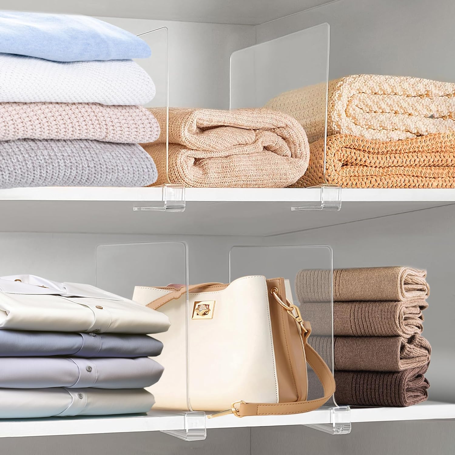 Skiennix 12-Inch Clear Shelf Dividers - Extra Tall Closet Organizers | 6-Pack Acrylic Purse Storage