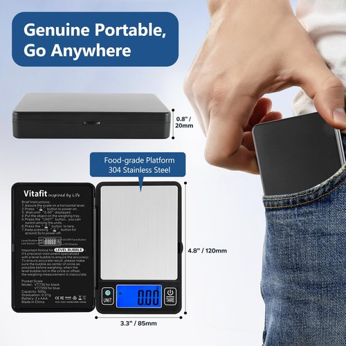 Vitafit 500g Digital Gram Scale in 0.01g, High Accuracy Assured by Built-in Level Bubble, Scale Professional Since 2001, Pocket Scale for Multi-Function: Kitchen, Food, Jewelry, Lab, Coffee, Black