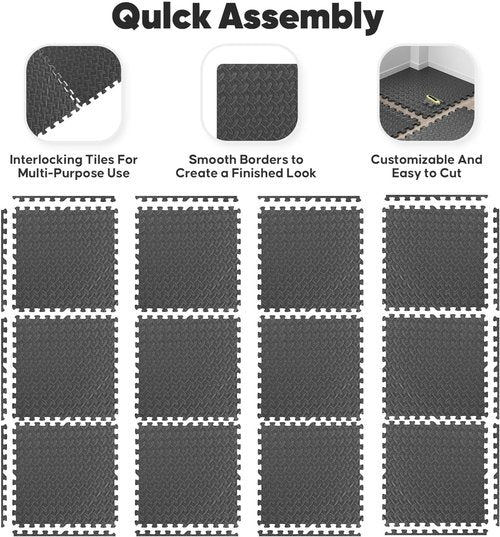 Home Gym Mat - EVA Interlocking Foam Exercise Tiles for Workouts & Play Areas | Black, 24x24 in, 16 Tiles